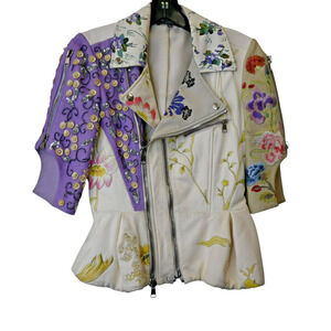 Alexander Mcqueen Floral Leather Moto Jacket Short Sleeve Sz 42 US 6 Embroidered
